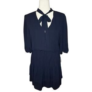 Nanette Lepore Tie Neck Tiered Ruffle Dress Women's 14 | Navy Blue | NWT